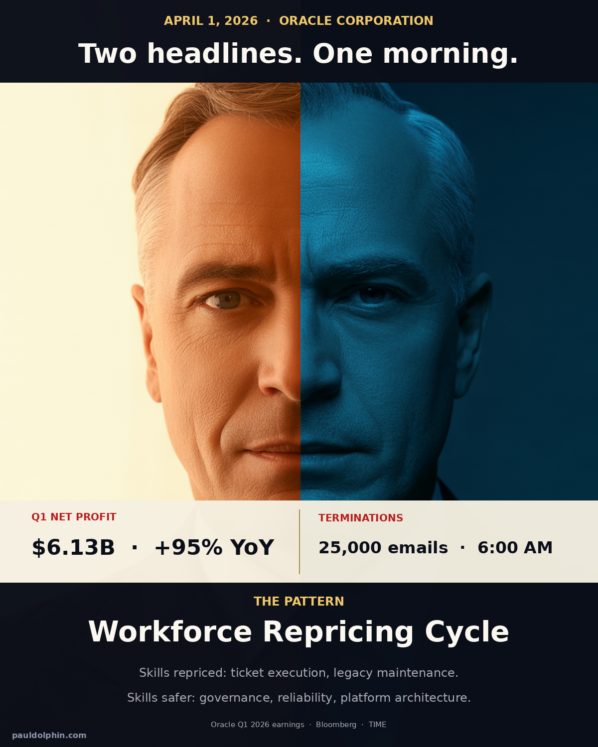 Editorial split portrait illustrating prosperity vs elimination . two faces of the AI workforce repricing cycle